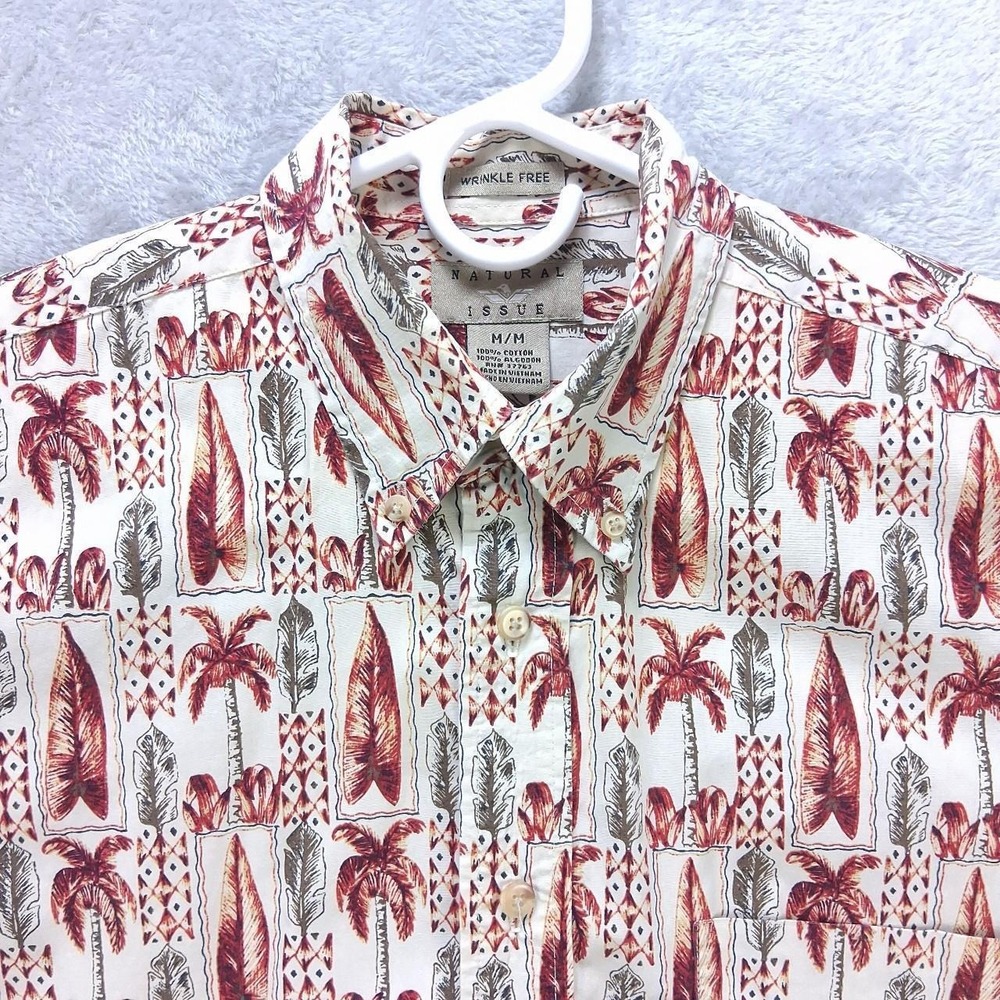 Natural Issue Mens Medium Red Tropical Surf Palm Tree Button Up Shirt Cotton